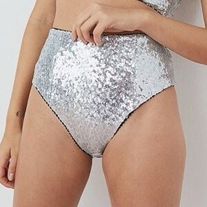 For Love & Lemons silver sequin high waist cut out cheeky panties sz XXS NWT